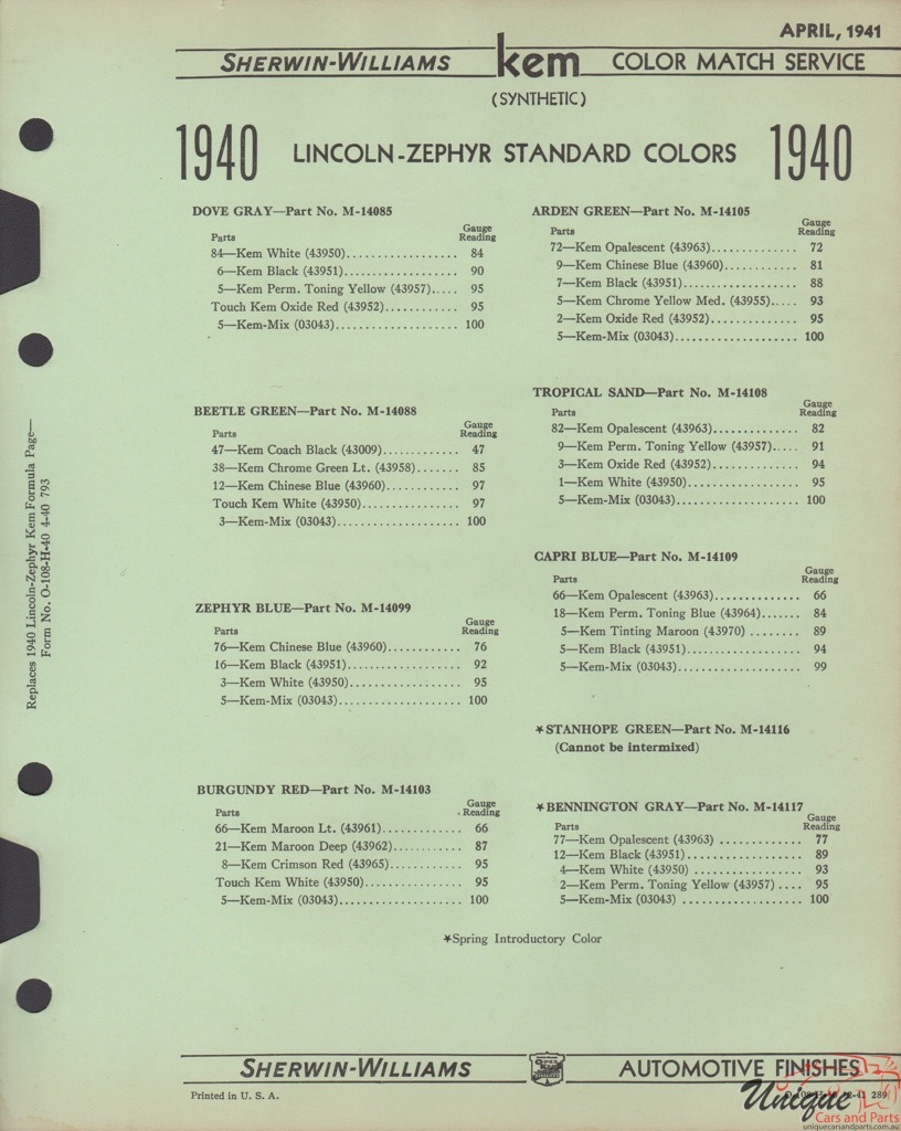 1940 Lincoln Paint Charts Williams 3